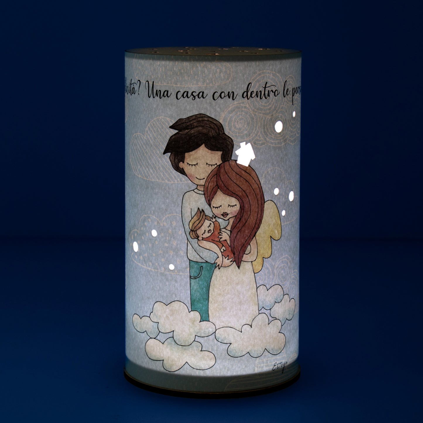 Lampada da compagnia, tonda, in carta e legno, da appendere o da appoggio. Raffigurazione Famiglia