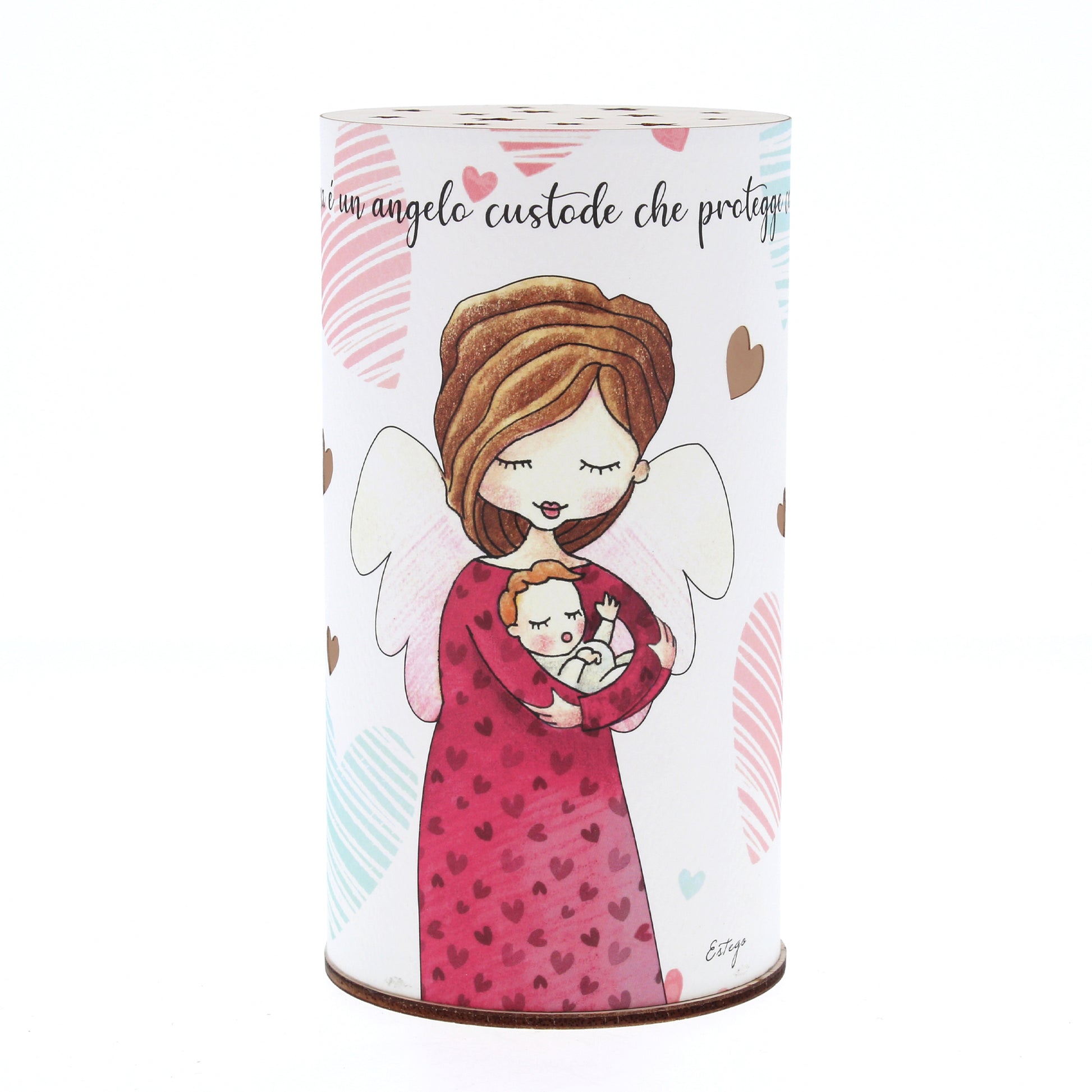 Lampada da compagnia, tonda, in carta e legno, da appendere o da appoggio. Raffigurazione Mamma