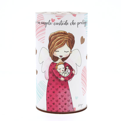 Lampada da compagnia, tonda, in carta e legno, da appendere o da appoggio. Raffigurazione Mamma