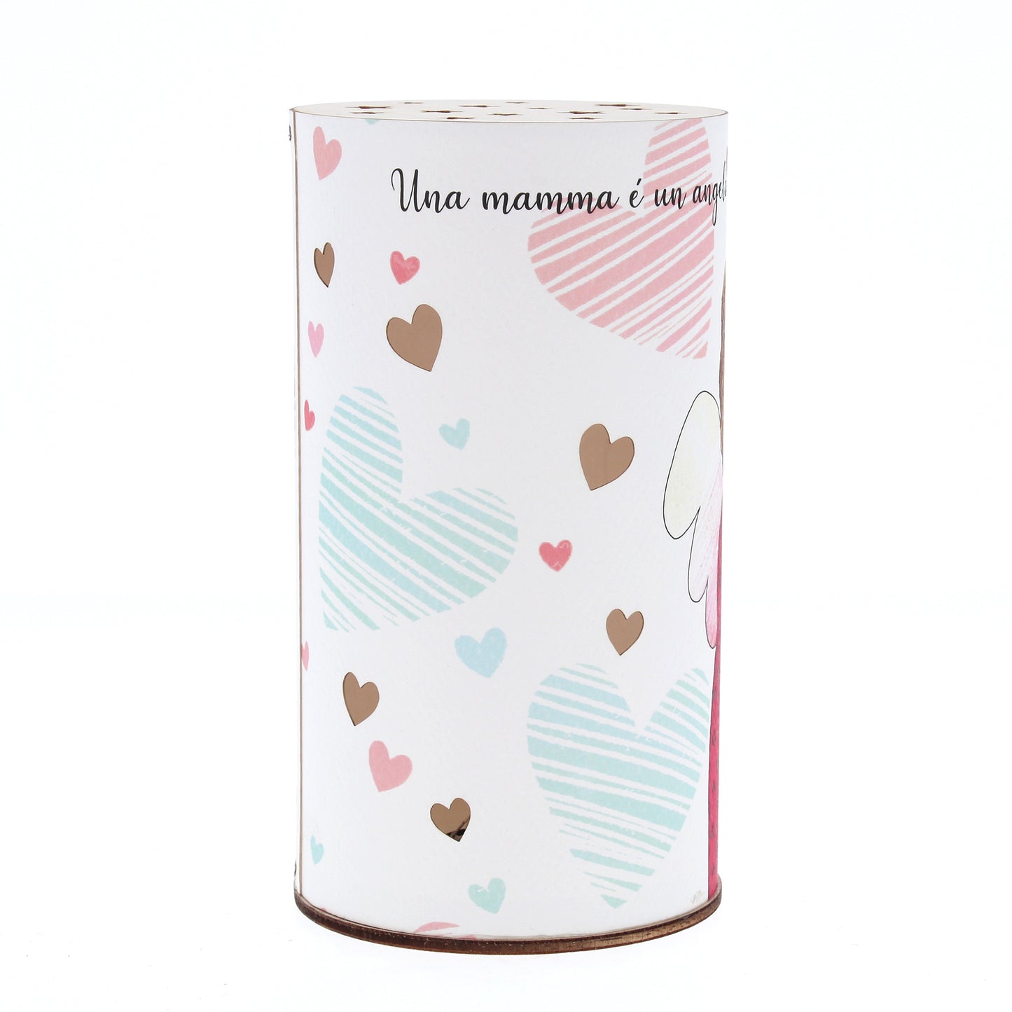 Lampada da compagnia, tonda, in carta e legno, da appendere o da appoggio. Raffigurazione Mamma