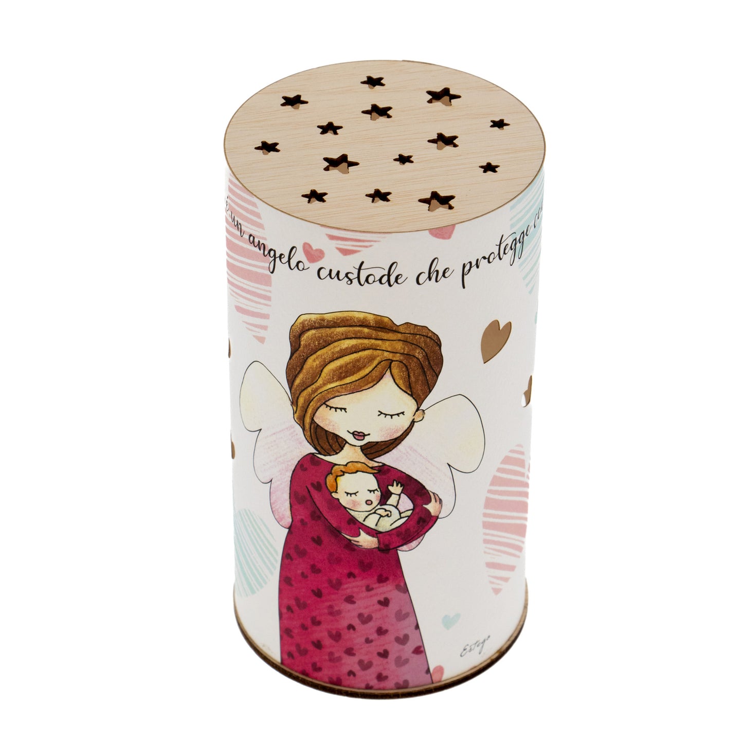 Lampada da compagnia, tonda, in carta e legno, da appendere o da appoggio. Raffigurazione Mamma