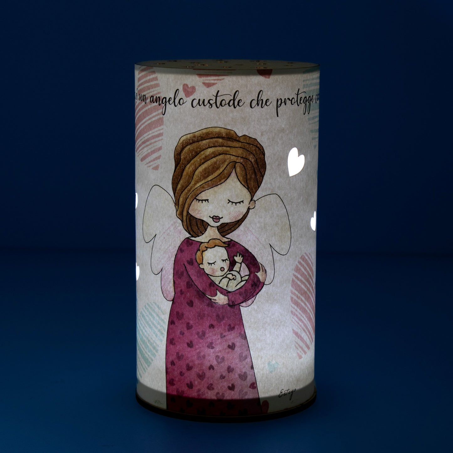Lampada da compagnia, tonda, in carta e legno, da appendere o da appoggio. Raffigurazione Mamma