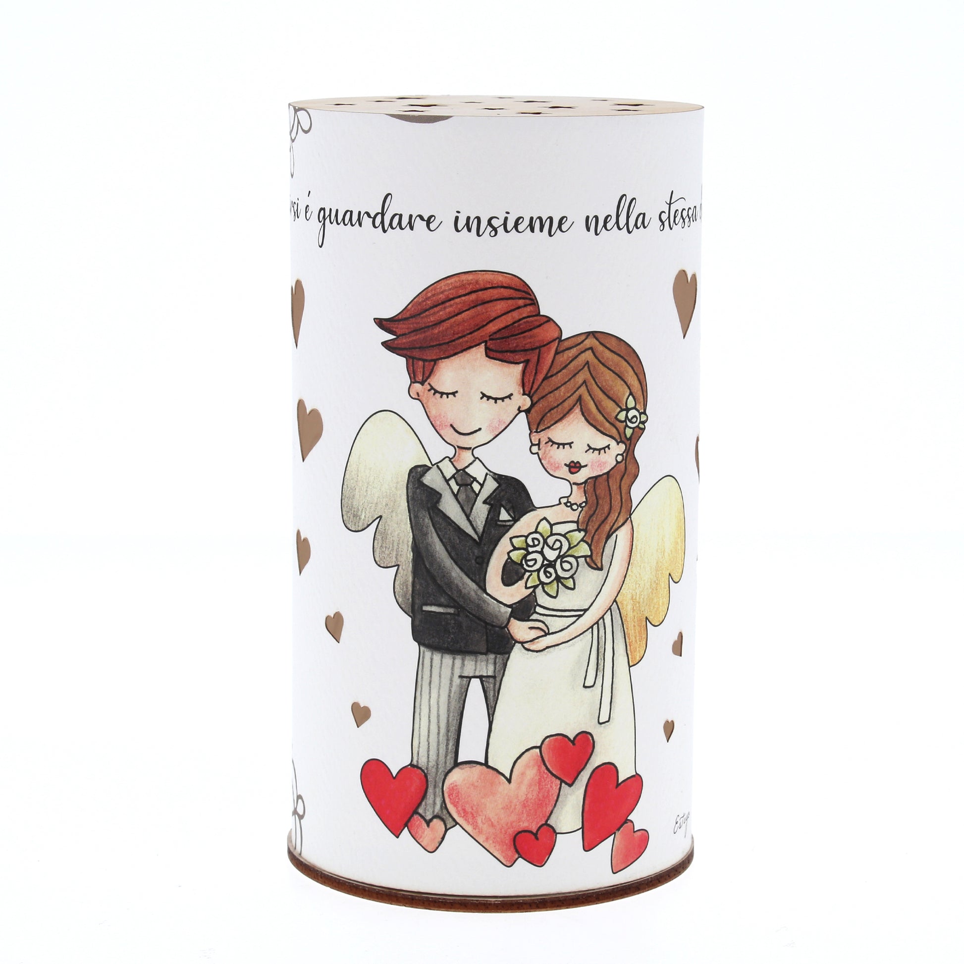 Lampada da compagnia, tonda, in carta e legno, da appendere o da appoggio. Raffigurazione Matrimonio