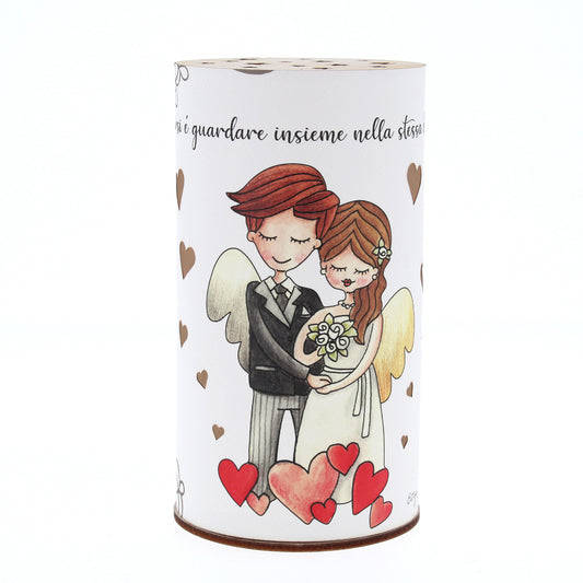 Lampada da compagnia, tonda, in carta e legno, da appendere o da appoggio. Raffigurazione Matrimonio