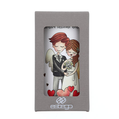 Lampada da compagnia, tonda, in carta e legno, da appendere o da appoggio. Raffigurazione Matrimonio