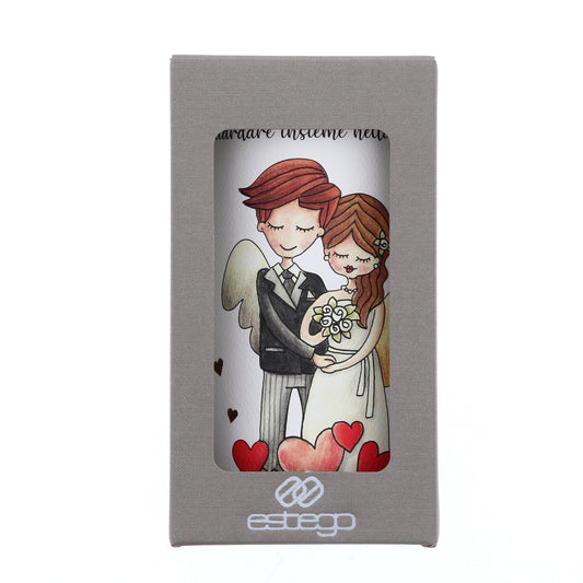 Lampada da compagnia, tonda, in carta e legno, da appendere o da appoggio. Raffigurazione Matrimonio