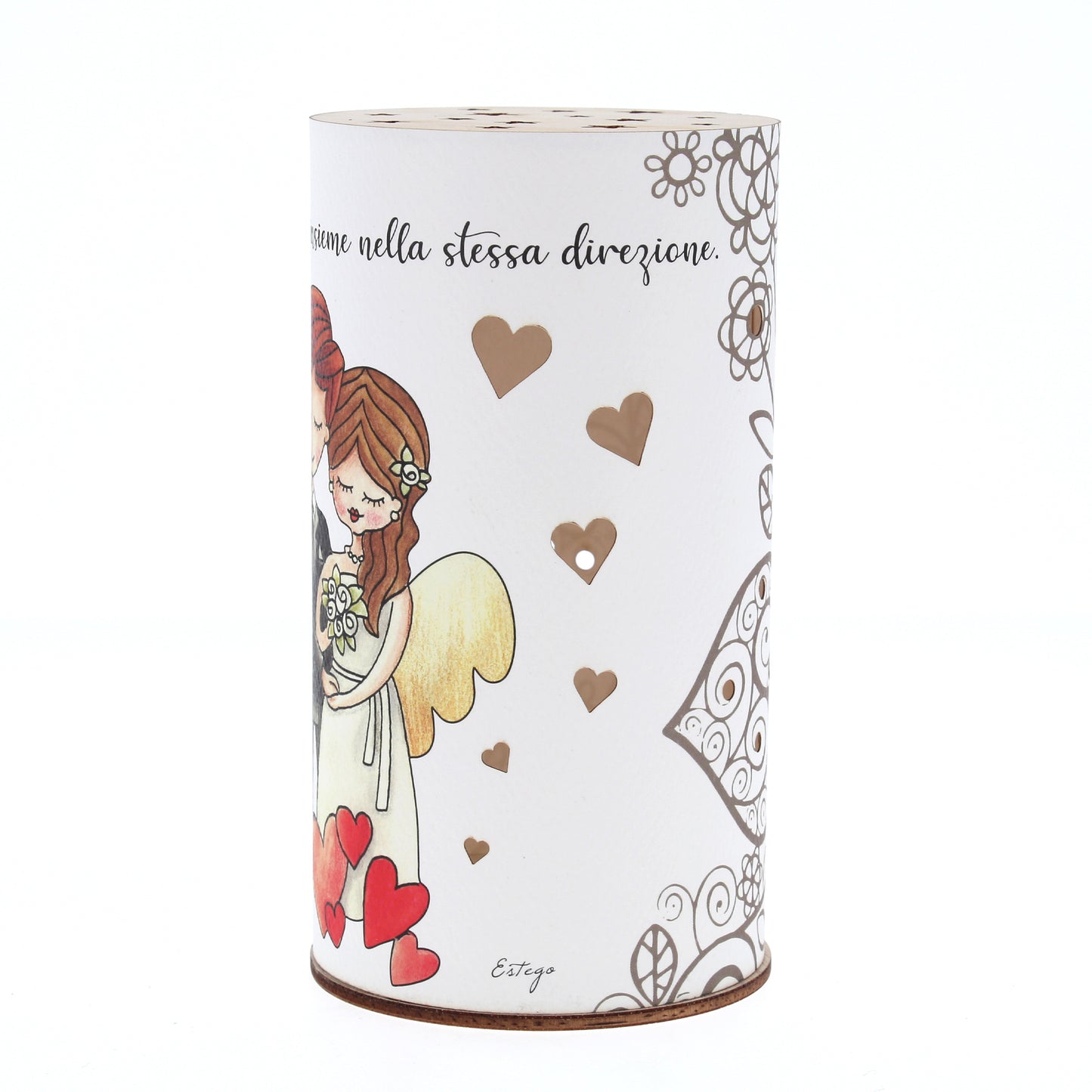 Lampada da compagnia, tonda, in carta e legno, da appendere o da appoggio. Raffigurazione Matrimonio