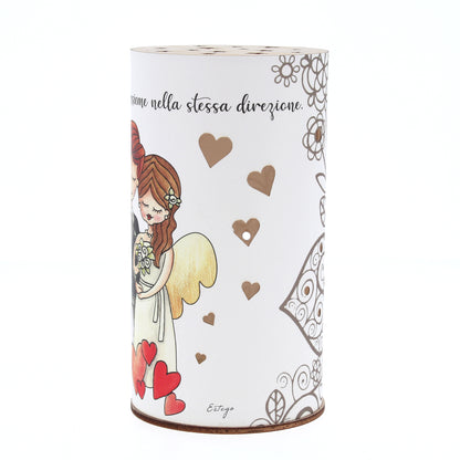 Lampada da compagnia, tonda, in carta e legno, da appendere o da appoggio. Raffigurazione Matrimonio