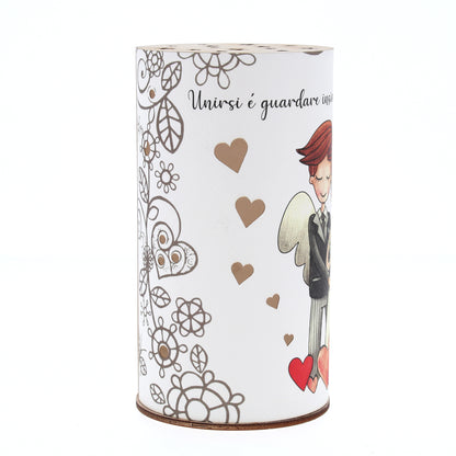 Lampada da compagnia, tonda, in carta e legno, da appendere o da appoggio. Raffigurazione Matrimonio