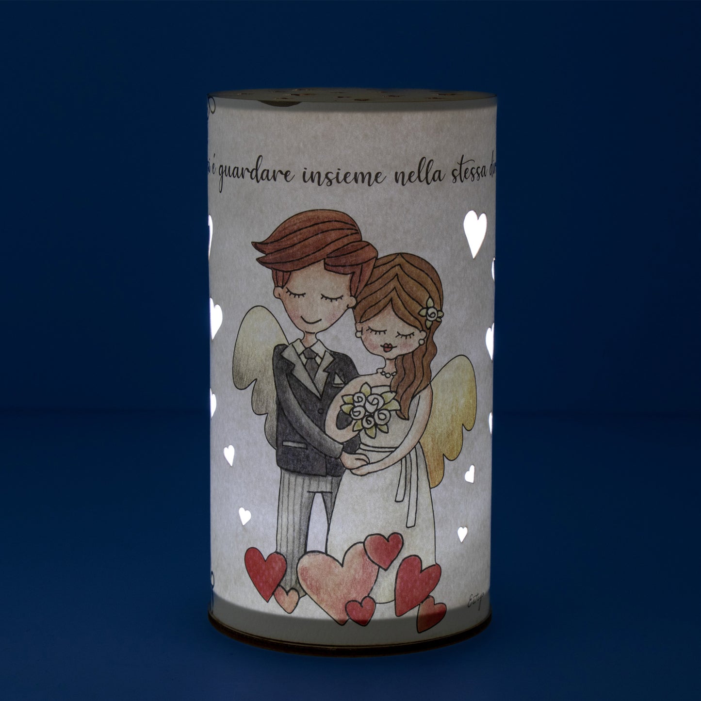Lampada da compagnia, tonda, in carta e legno, da appendere o da appoggio. Raffigurazione Matrimonio