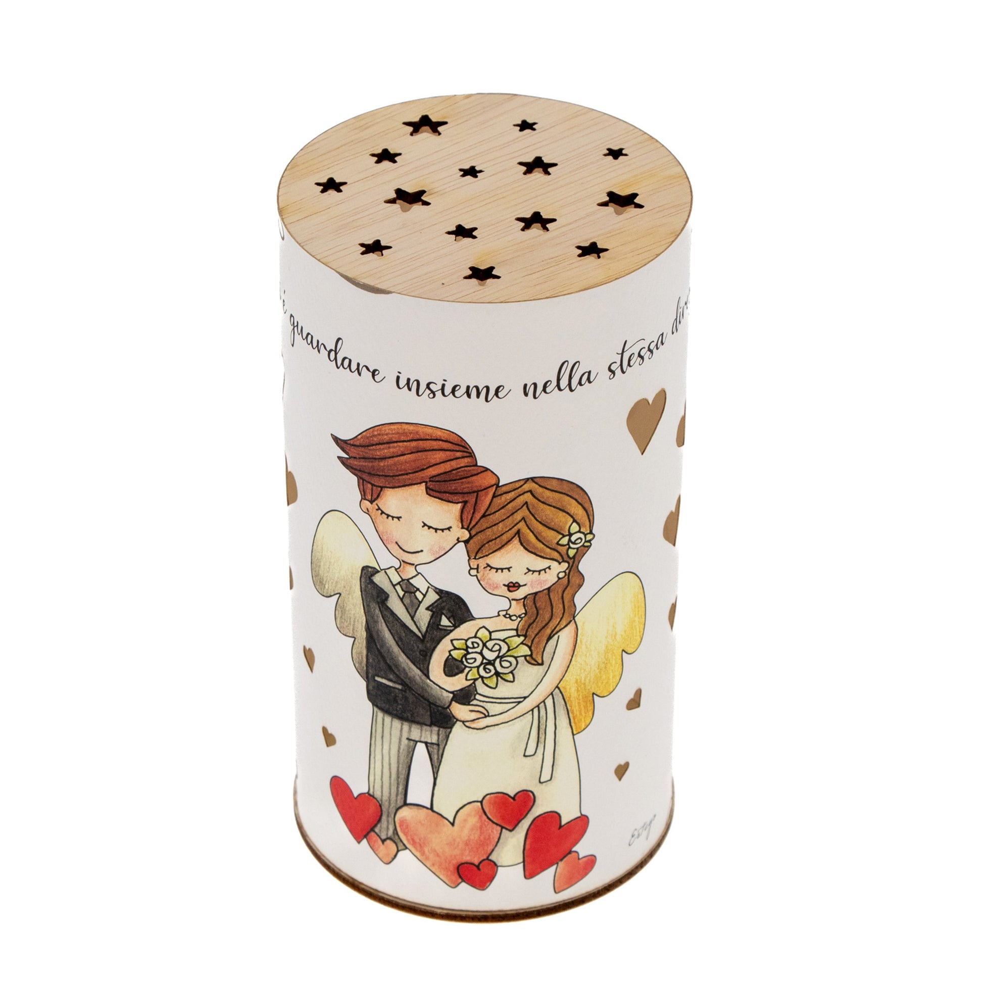 Lampada da compagnia, tonda, in carta e legno, da appendere o da appoggio. Raffigurazione Matrimonio