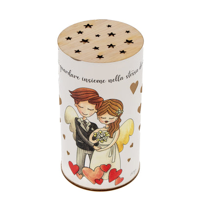 Lampada da compagnia, tonda, in carta e legno, da appendere o da appoggio. Raffigurazione Matrimonio