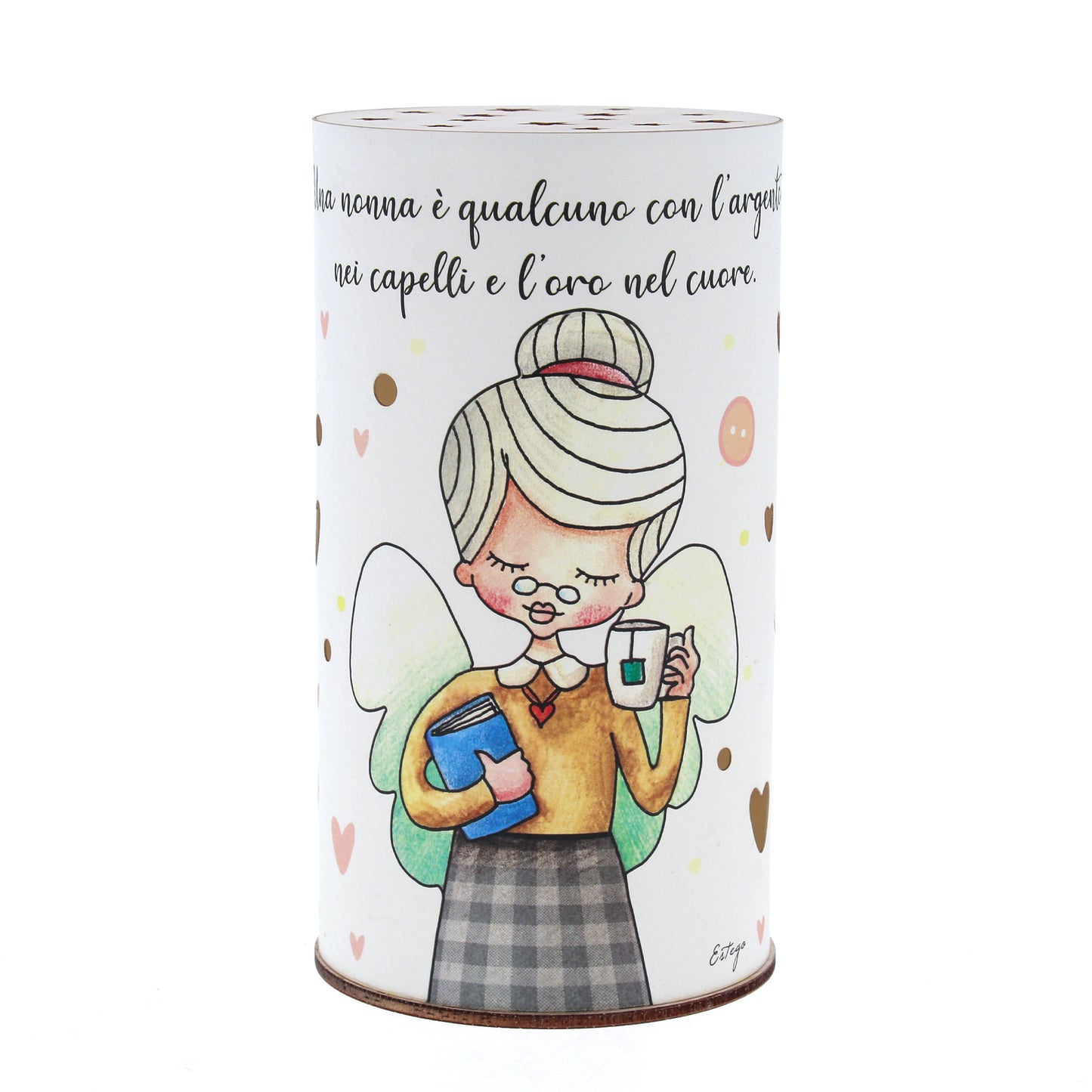 Lampada da compagnia, tonda, in carta e legno, da appendere o da appoggio. Raffigurazione Nonna