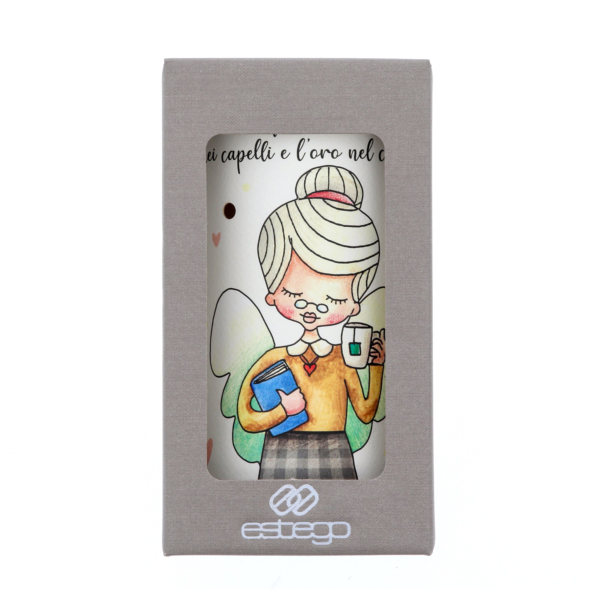Lampada da compagnia, tonda, in carta e legno, da appendere o da appoggio. Raffigurazione Nonna