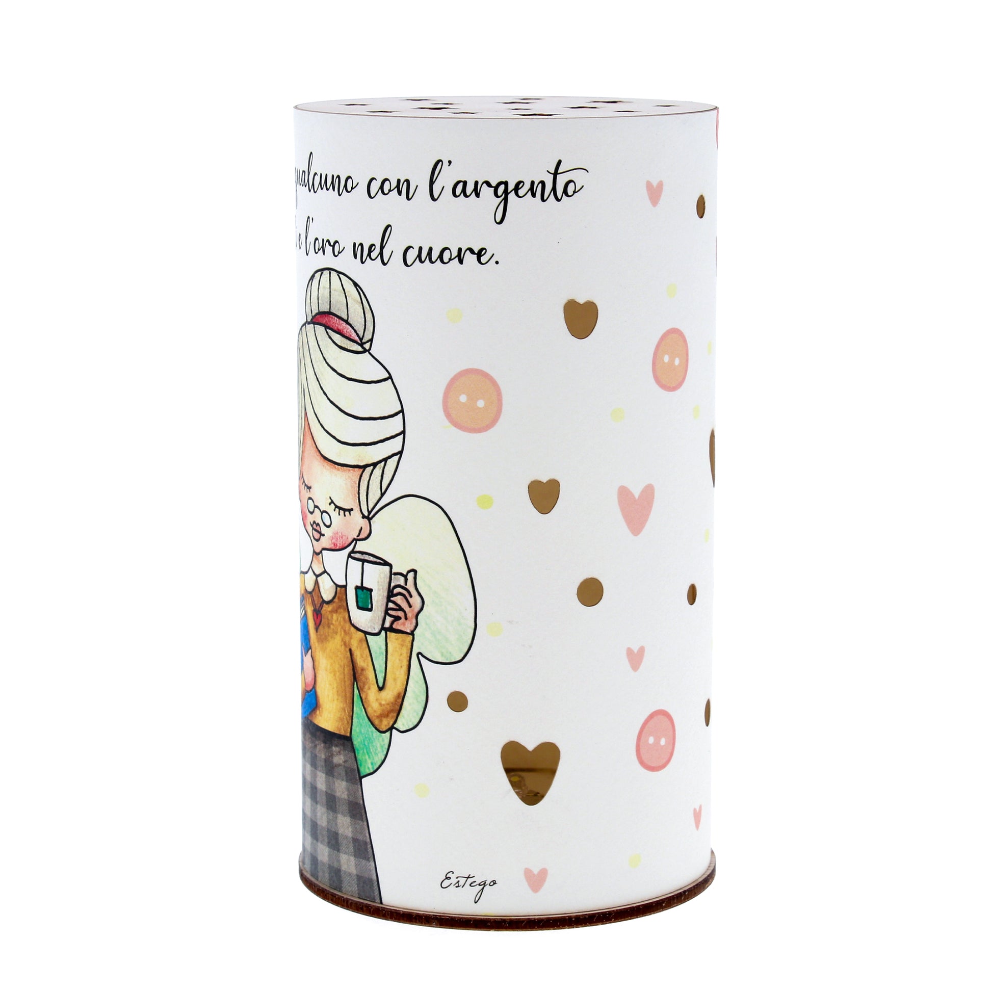 Lampada da compagnia, tonda, in carta e legno, da appendere o da appoggio. Raffigurazione Nonna