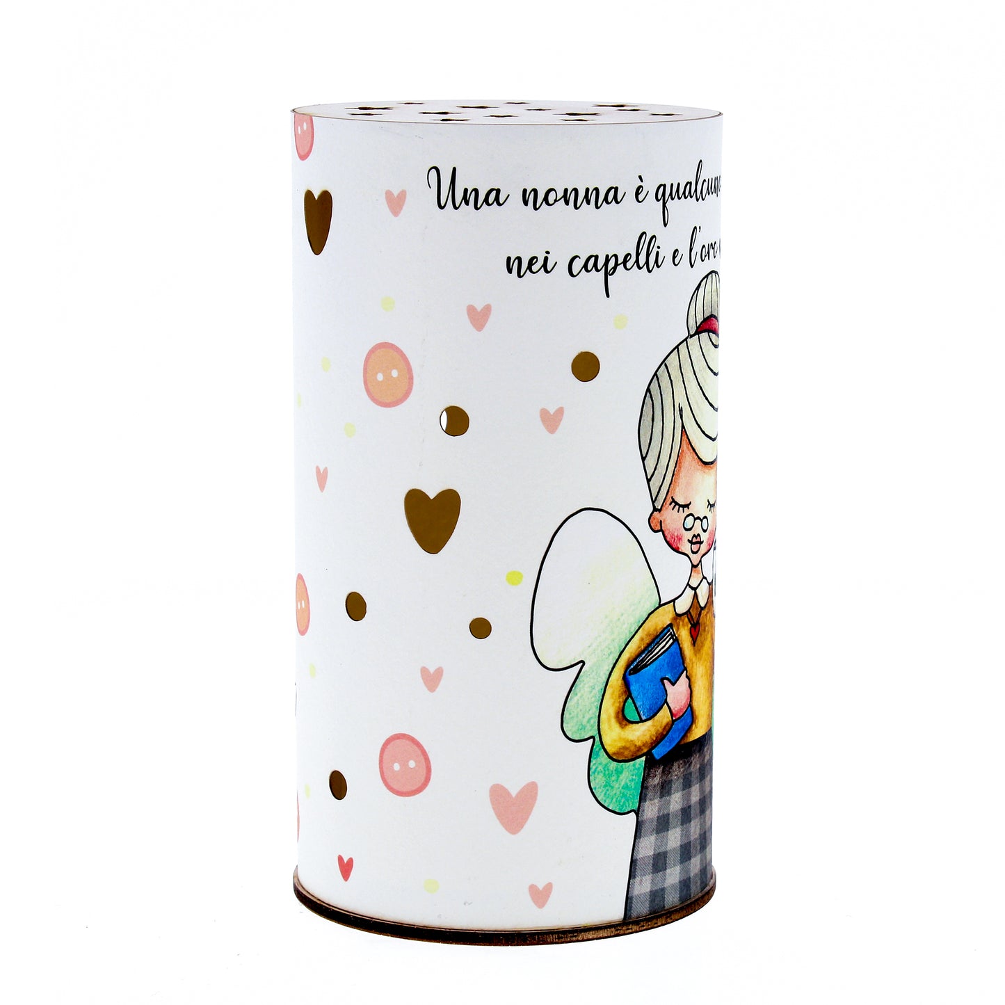 Lampada da compagnia, tonda, in carta e legno, da appendere o da appoggio. Raffigurazione Nonna