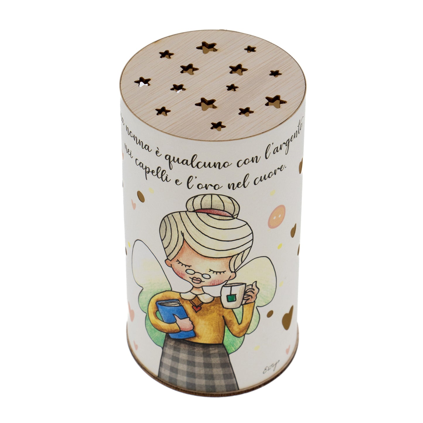Lampada da compagnia, tonda, in carta e legno, da appendere o da appoggio. Raffigurazione Nonna