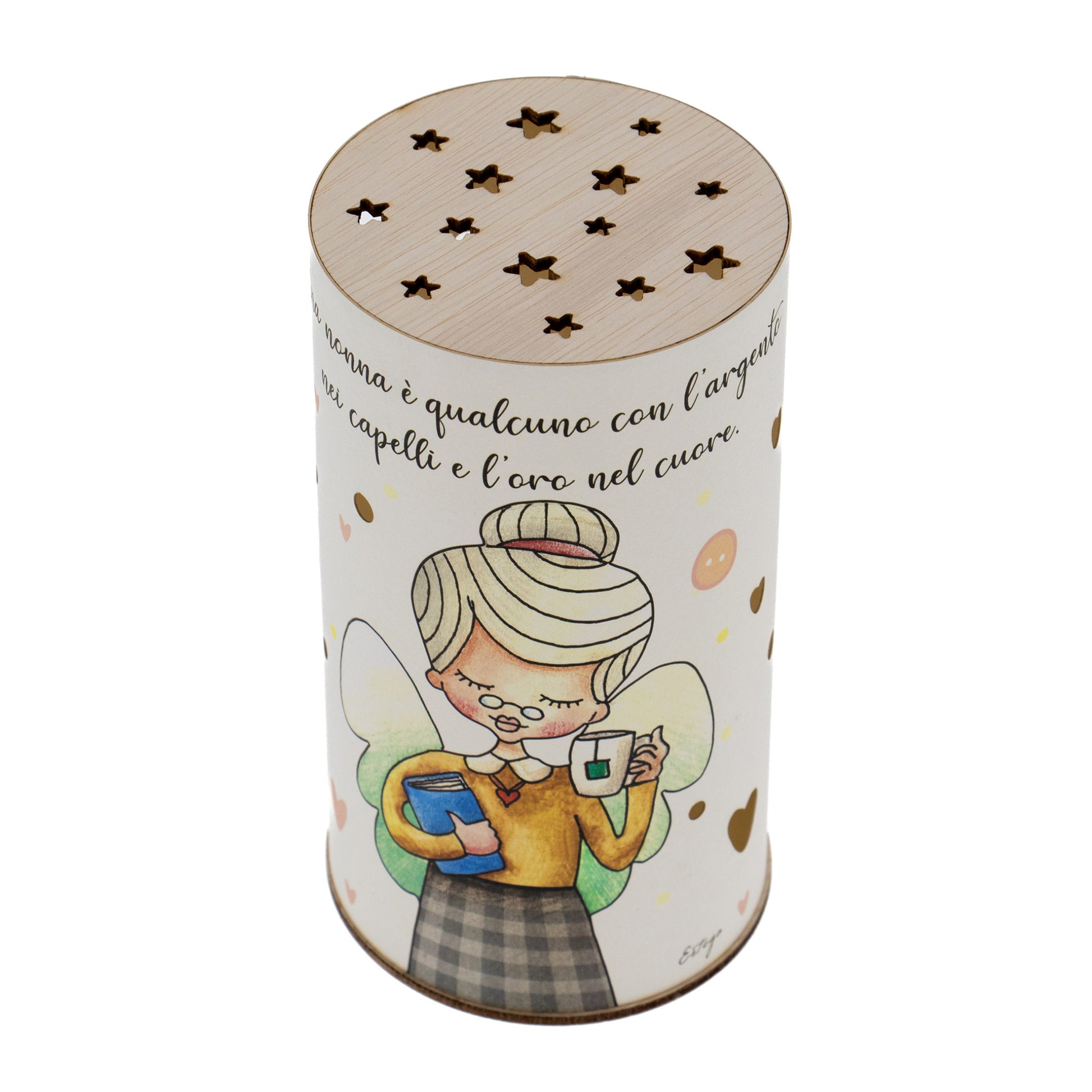 Lampada da compagnia, tonda, in carta e legno, da appendere o da appoggio. Raffigurazione Nonna
