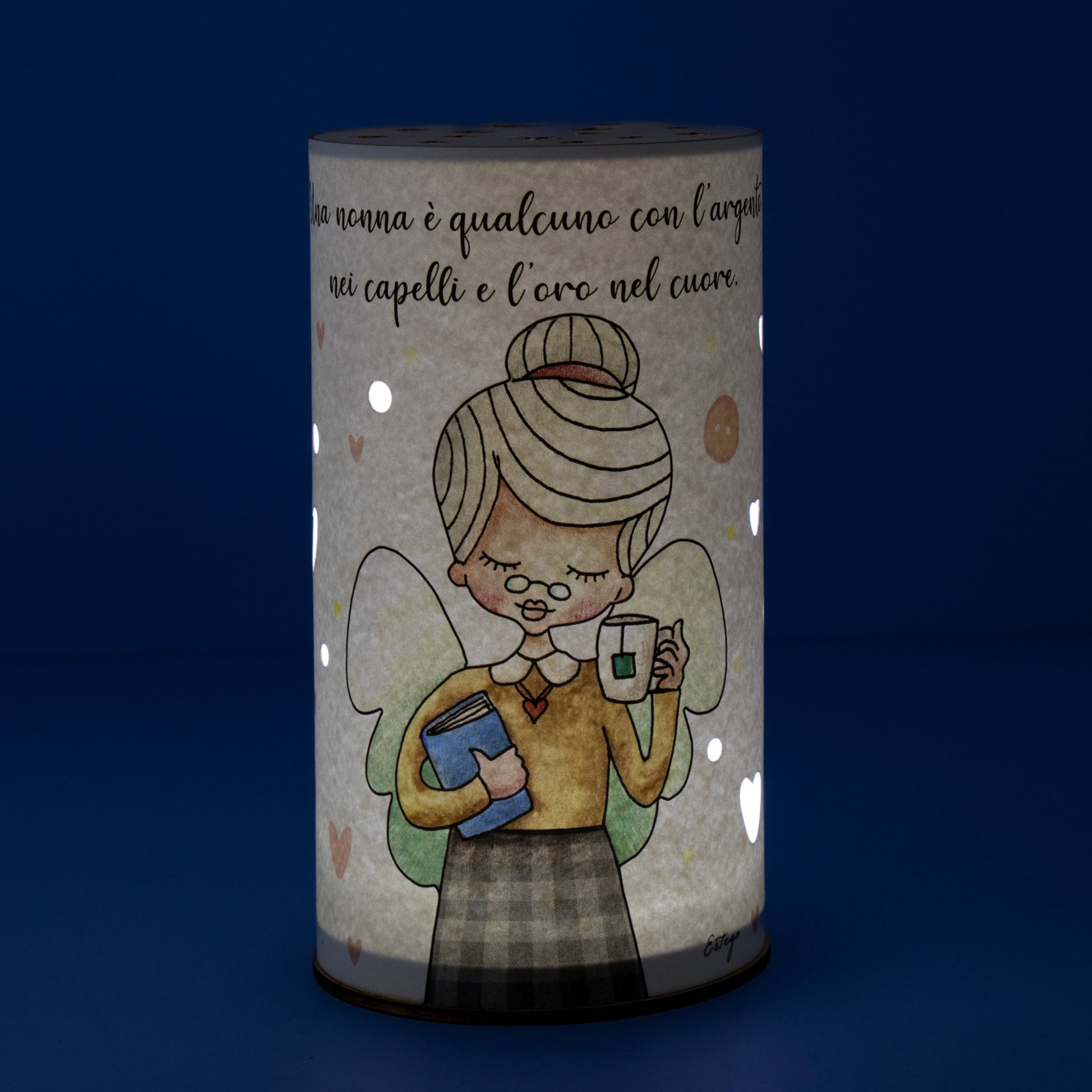 Lampada da compagnia, tonda, in carta e legno, da appendere o da appoggio. Raffigurazione Nonna
