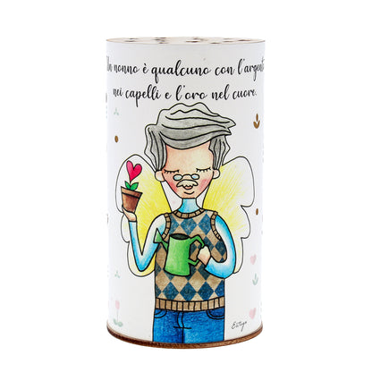 Lampada da compagnia, tonda, in carta e legno, da appendere o da appoggio. Raffigurazione Nonno