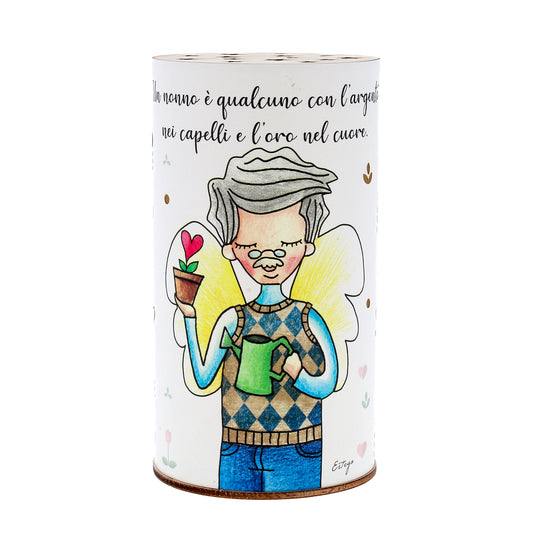 Lampada da compagnia, tonda, in carta e legno, da appendere o da appoggio. Raffigurazione Nonno