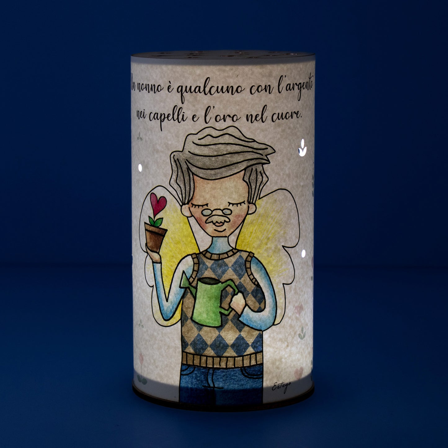 Lampada da compagnia, tonda, in carta e legno, da appendere o da appoggio. Raffigurazione Nonno