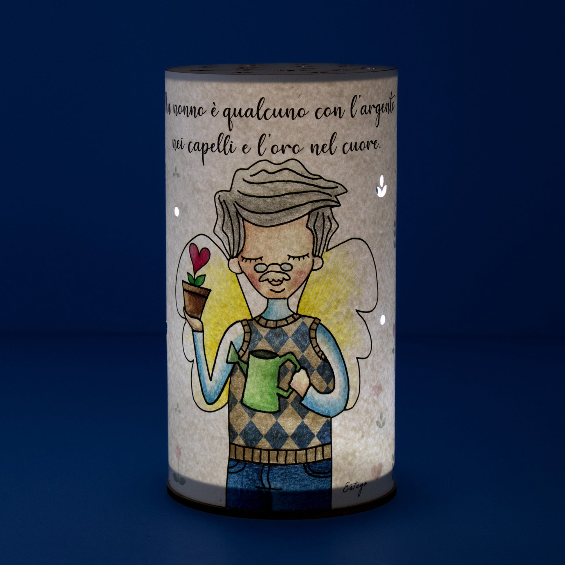 Lampada da compagnia, tonda, in carta e legno, da appendere o da appoggio. Raffigurazione Nonno