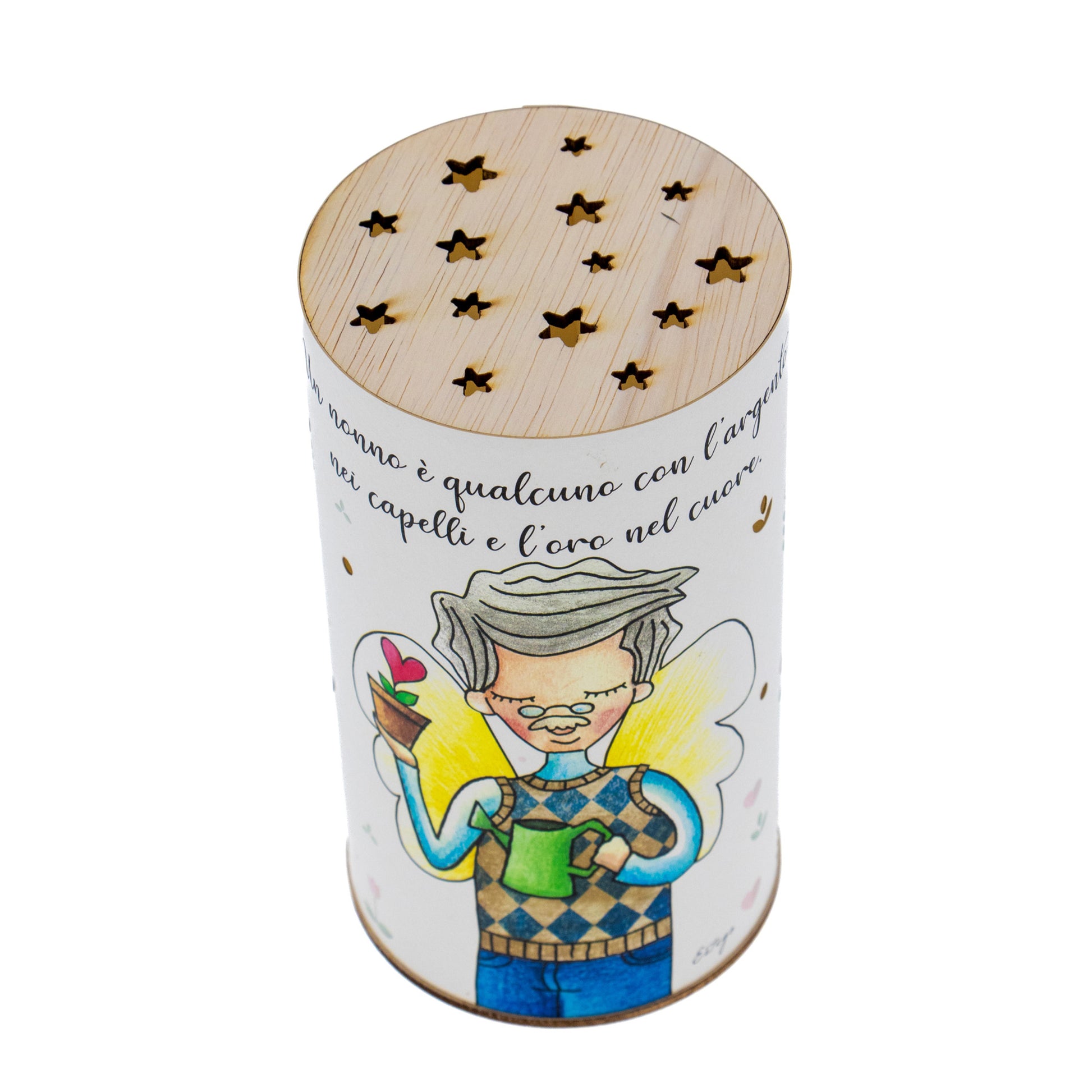 Lampada da compagnia, tonda, in carta e legno, da appendere o da appoggio. Raffigurazione Nonno