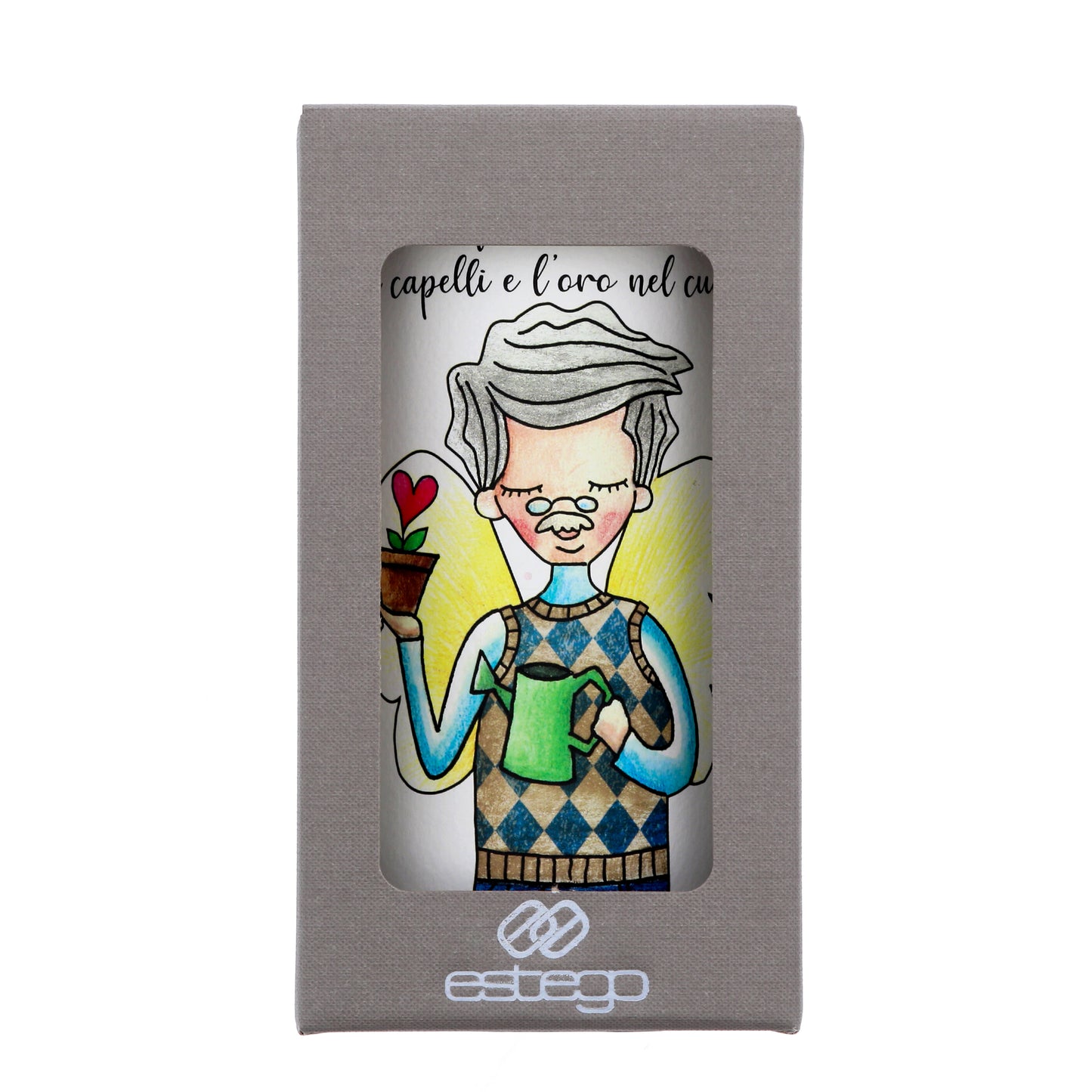 Lampada da compagnia, tonda, in carta e legno, da appendere o da appoggio. Raffigurazione Nonno