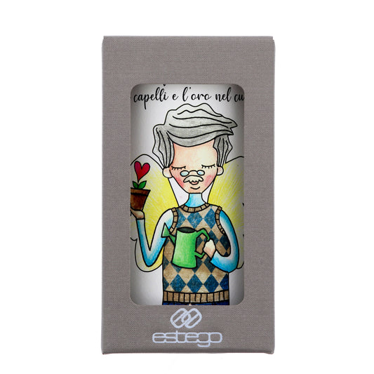Lampada da compagnia, tonda, in carta e legno, da appendere o da appoggio. Raffigurazione Nonno