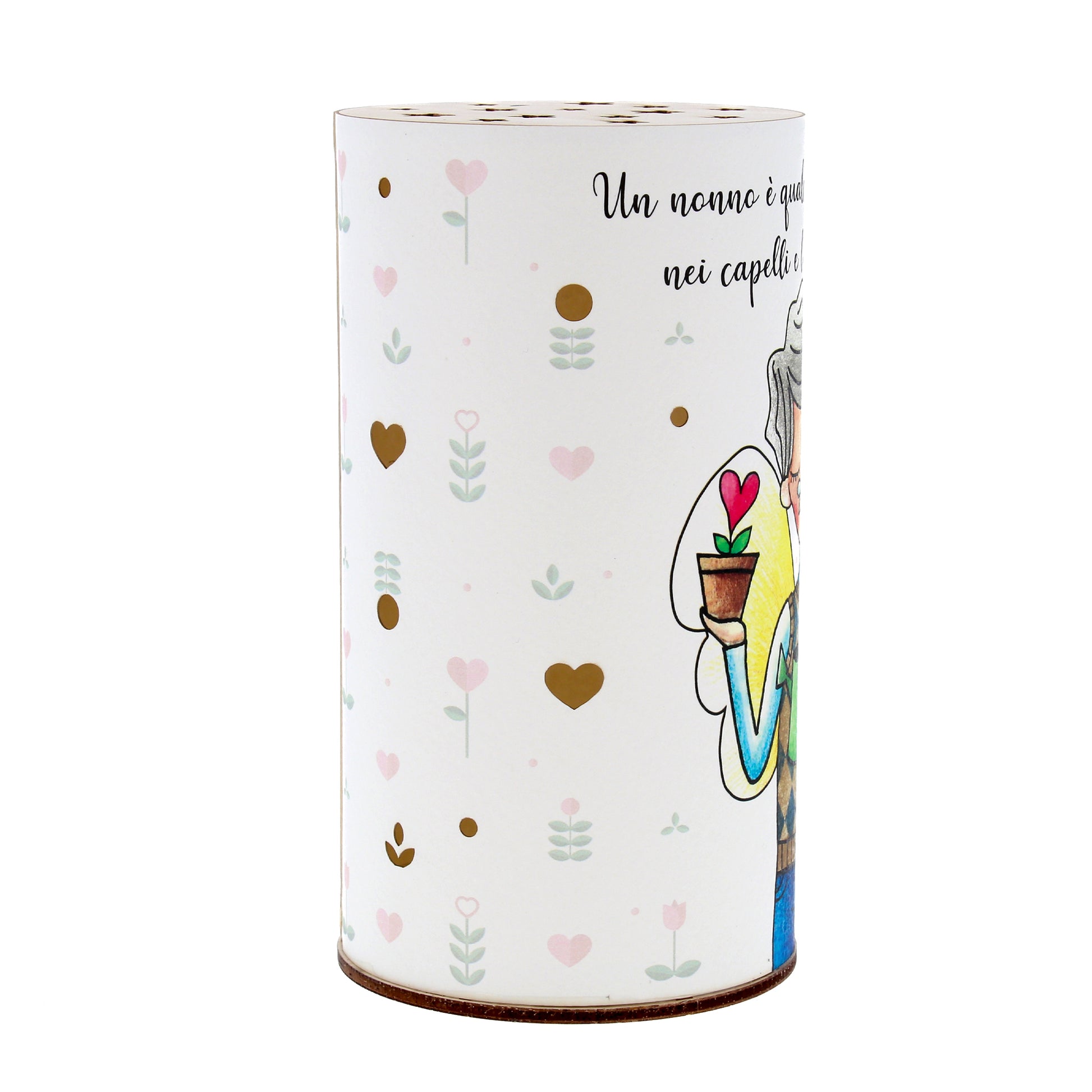 Lampada da compagnia, tonda, in carta e legno, da appendere o da appoggio. Raffigurazione Nonno