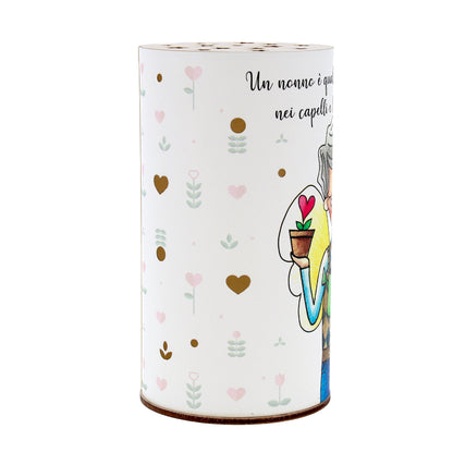 Lampada da compagnia, tonda, in carta e legno, da appendere o da appoggio. Raffigurazione Nonno