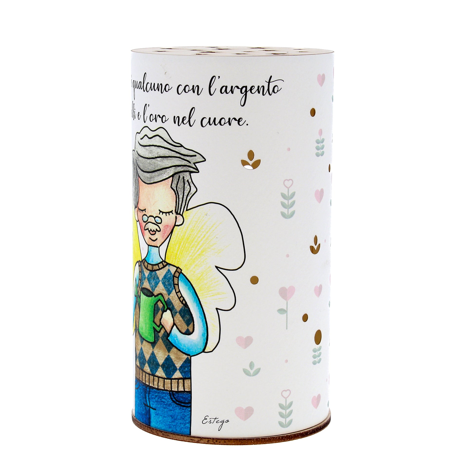 Lampada da compagnia, tonda, in carta e legno, da appendere o da appoggio. Raffigurazione Nonno
