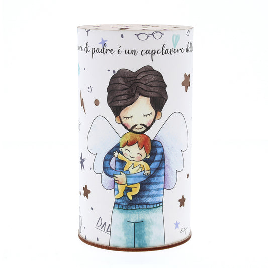 Lampada da compagnia, tonda, in carta e legno, da appendere o da appoggio. Raffigurazione Papa'