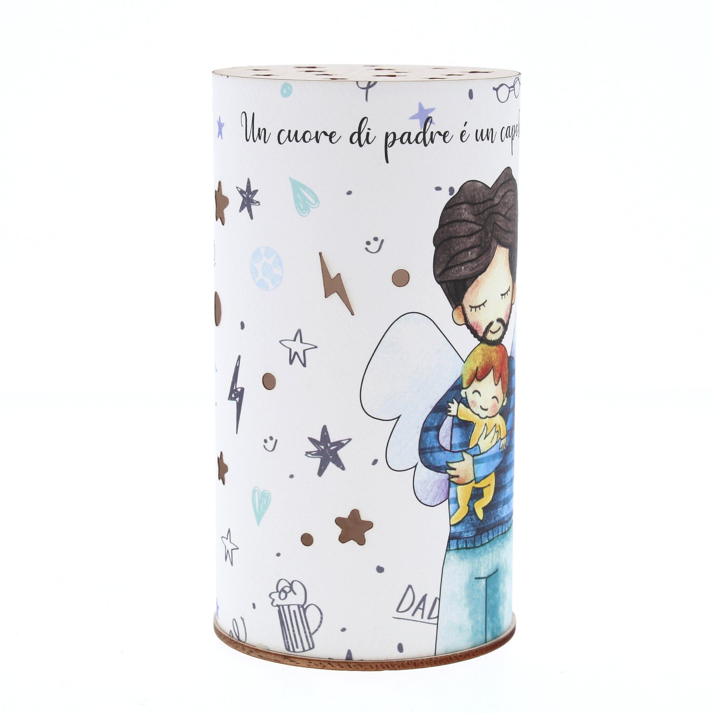 Lampada da compagnia, tonda, in carta e legno, da appendere o da appoggio. Raffigurazione Papa'