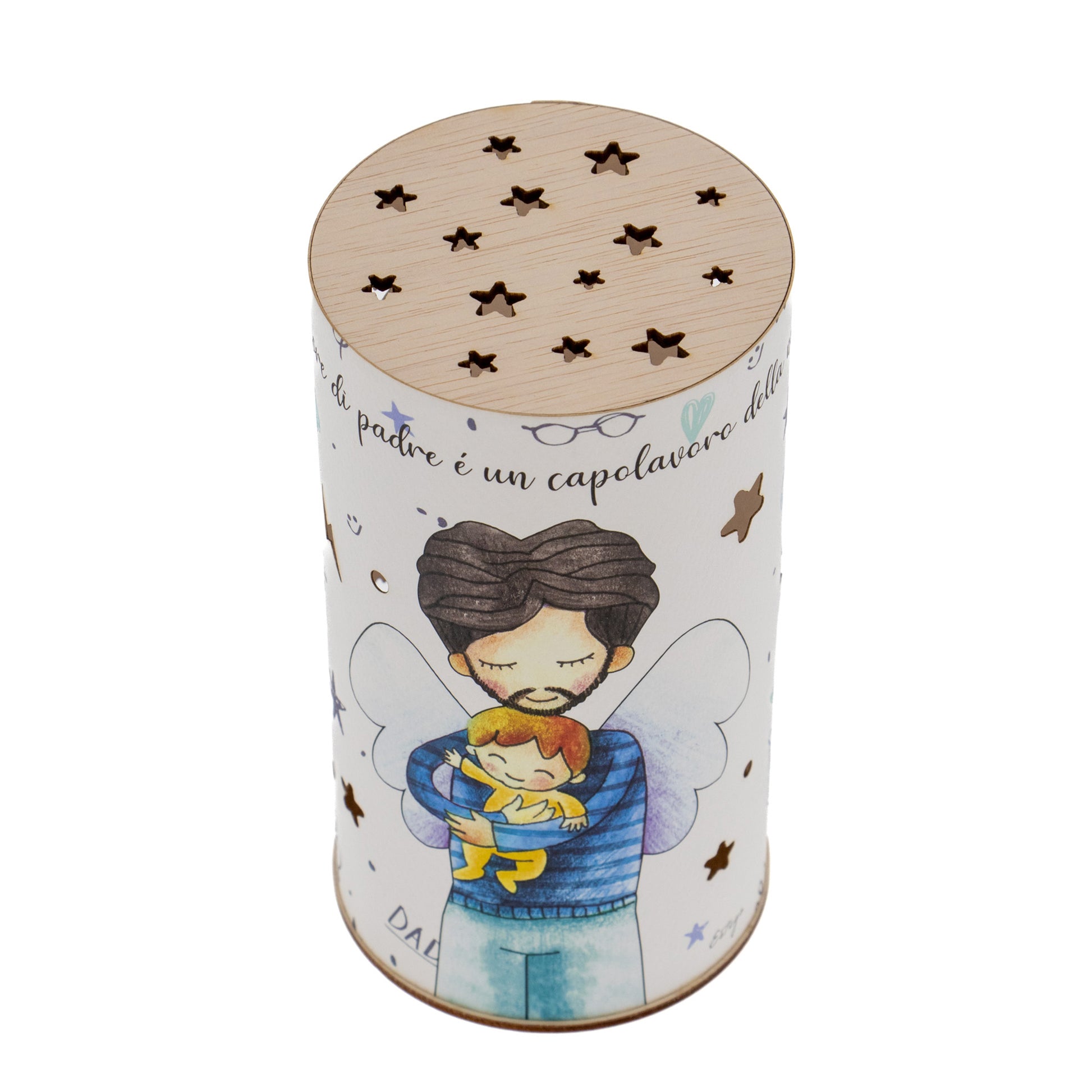 Lampada da compagnia, tonda, in carta e legno, da appendere o da appoggio. Raffigurazione Papa'