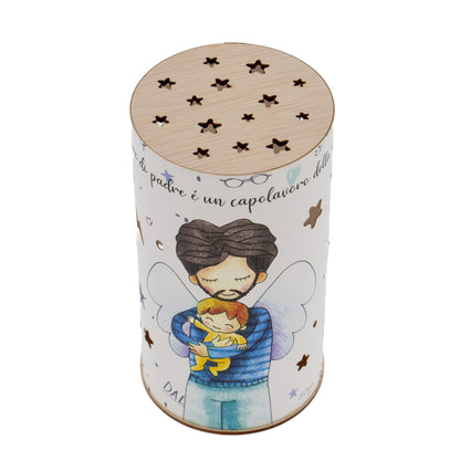 Lampada da compagnia, tonda, in carta e legno, da appendere o da appoggio. Raffigurazione Papa'