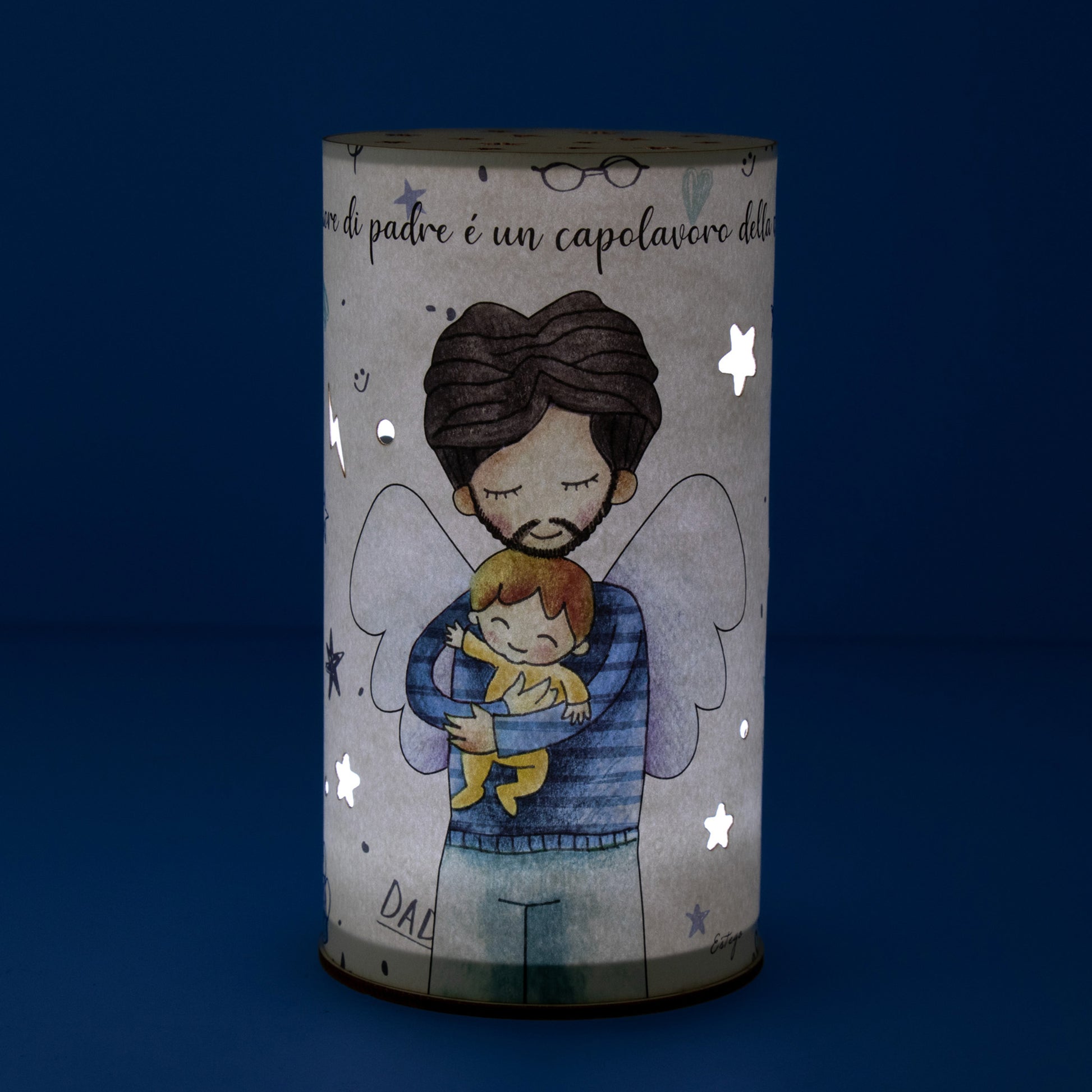 Lampada da compagnia, tonda, in carta e legno, da appendere o da appoggio. Raffigurazione Papa'