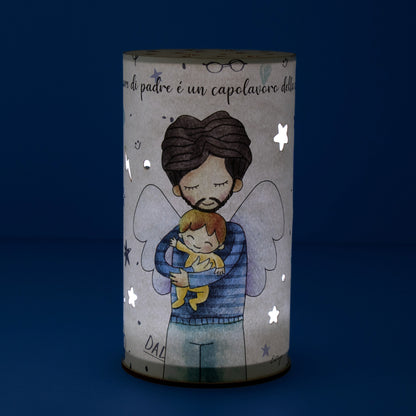 Lampada da compagnia, tonda, in carta e legno, da appendere o da appoggio. Raffigurazione Papa'