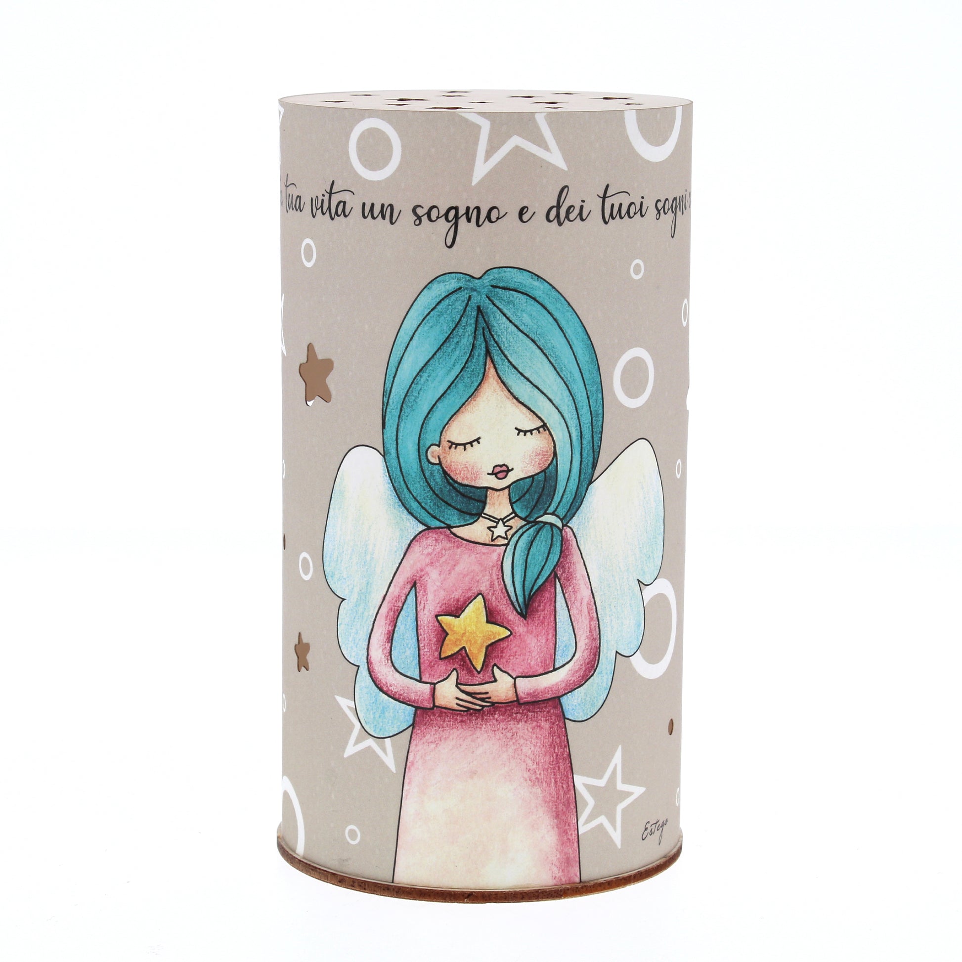 Lampada da compagnia, tonda, in carta e legno, da appendere o da appoggio. Raffigurazione Obiettivi
