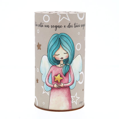 Lampada da compagnia, tonda, in carta e legno, da appendere o da appoggio. Raffigurazione Obiettivi