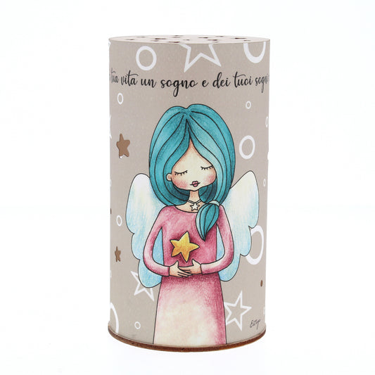 Lampada da compagnia, tonda, in carta e legno, da appendere o da appoggio. Raffigurazione Obiettivi