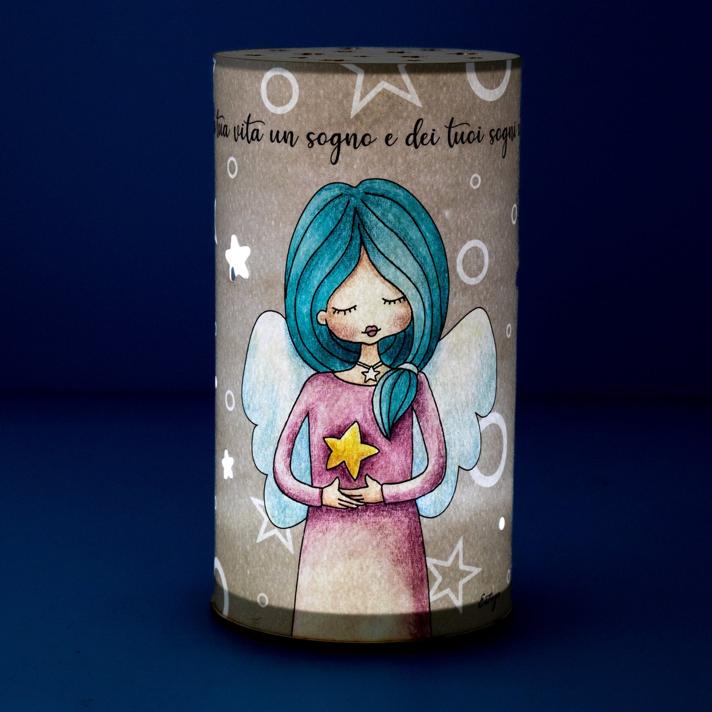Lampada da compagnia, tonda, in carta e legno, da appendere o da appoggio. Raffigurazione Obiettivi