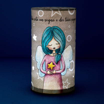 Lampada da compagnia, tonda, in carta e legno, da appendere o da appoggio. Raffigurazione Obiettivi