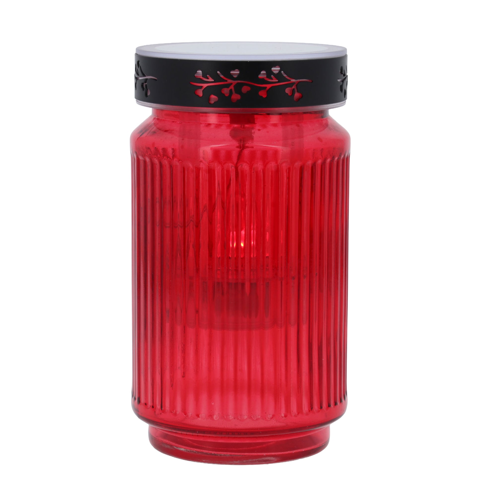 Lampada cilindrica rossa, a luce solare. Altezza 16,3 cm