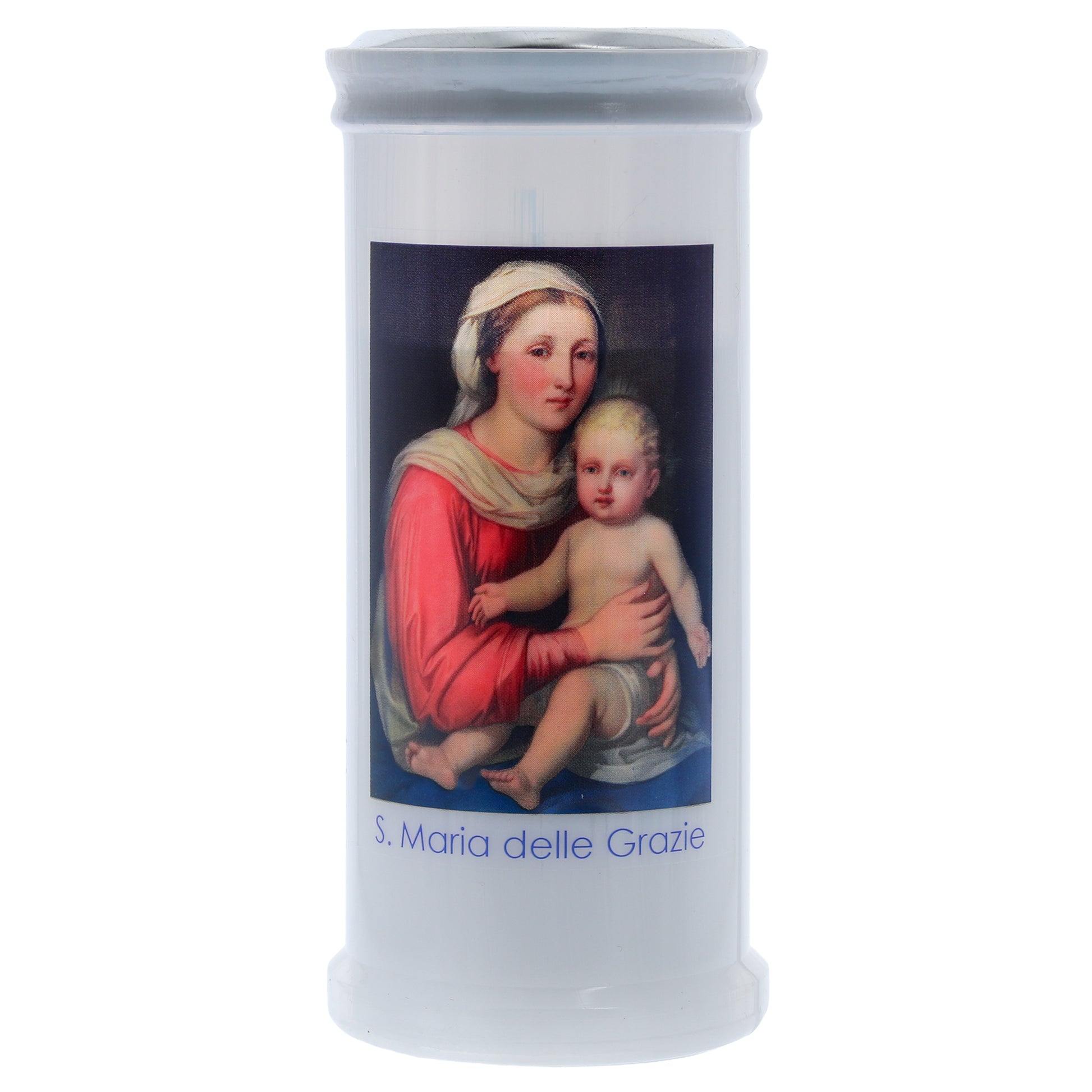 Lumino Votivo in cera bianca con immagine Madonna delle Grazie. Dimensioni 6,5x15 cm