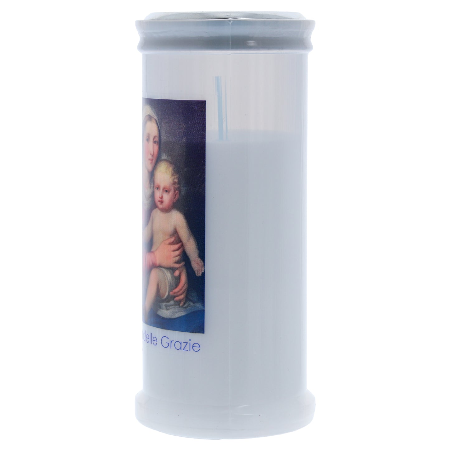 Lumino Votivo in cera bianca con immagine Madonna delle Grazie. Dimensioni 6,5x15 cm