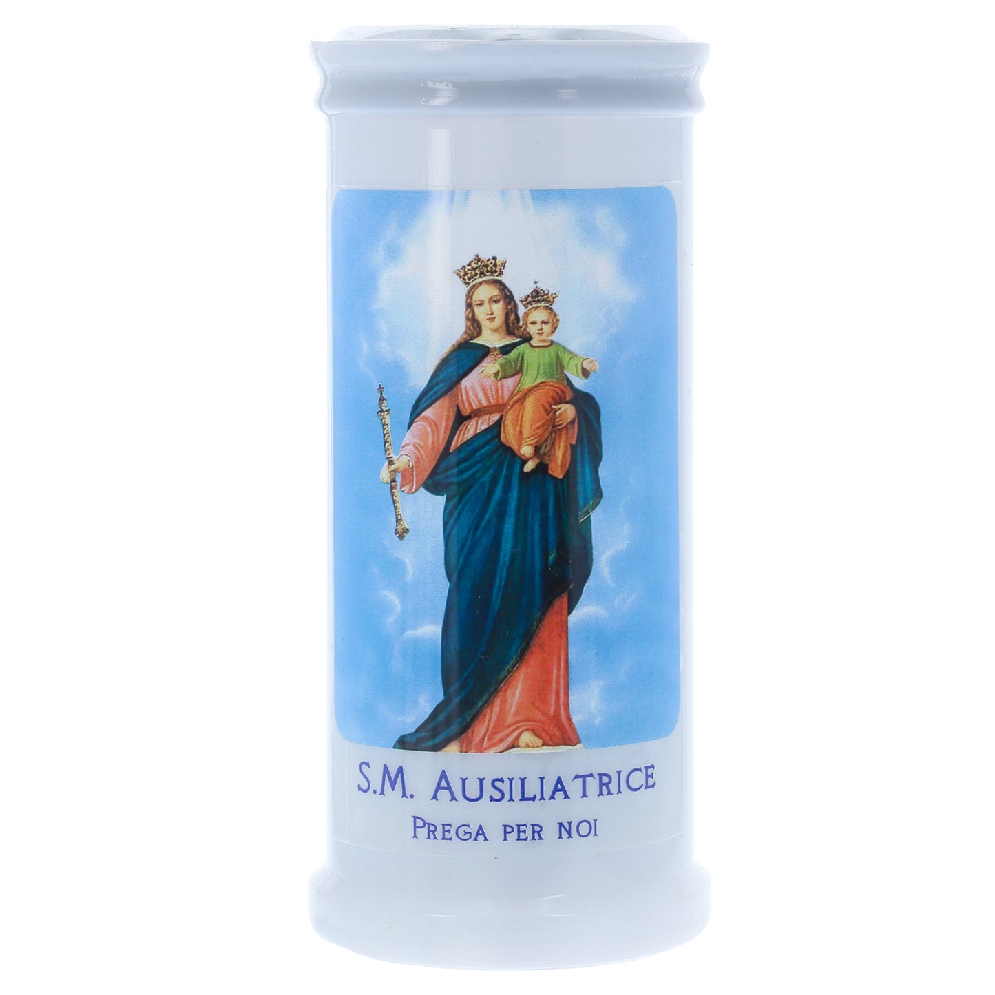 Lumino Votivo in cera bianca con immagine Maria Ausiliatrice. Dimensioni 6,5x15 cm