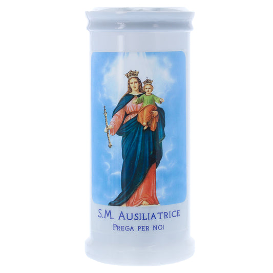 Lumino Votivo in cera bianca con immagine Maria Ausiliatrice. Dimensioni 6,5x15 cm