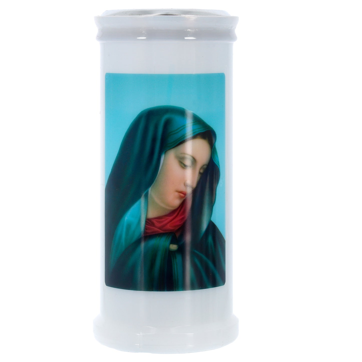 Lumino Votivo in cera bianca con immagine Madonna Addolorata. Dimensioni 6,5x15 cm